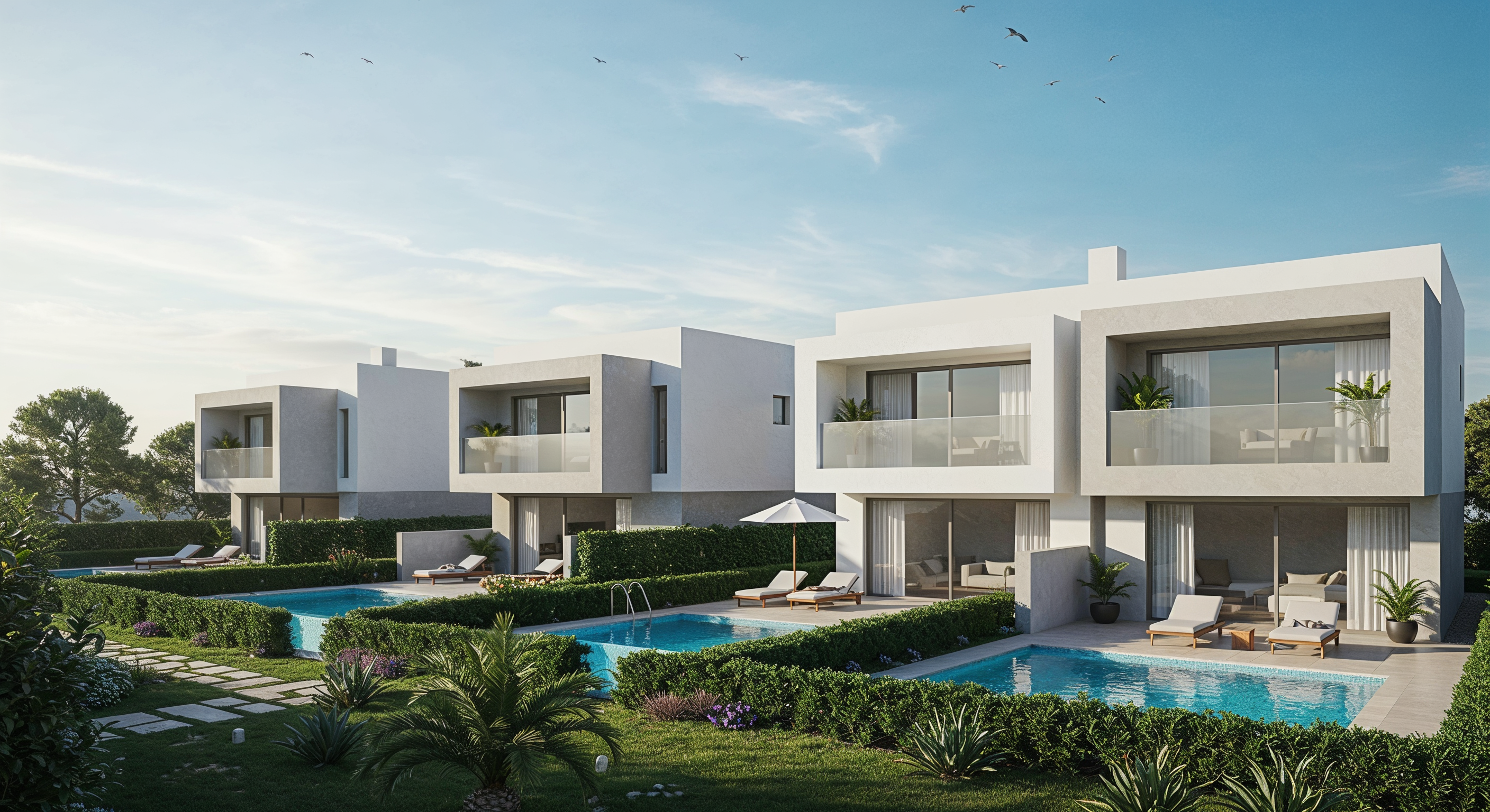 Bolt Resort — render exterior chalets contemporáneos con piscinas privadas